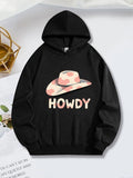 Women's Hoodie Howdy With Pink Patterned Cowboy Hat Illustration And Playful Lettering Cowboy Hat