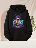 Men's Hoodie Neon Lights With Playful Fish Circling A Gaming Cat