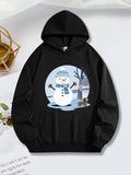 Women's Hoodie Peaceful Winter Scene With Trees And Smiling Cheerful Snowman