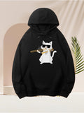 Men's Hoodie Cool White Cat Wearing Sunglasses Playing Saxophone Under Studio Lighting Cat