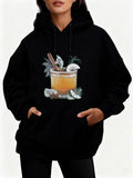 Women's Hoodie Frosted Glass With Citrus Slices Cinnamon Stick Among Tropical Leaves Drink