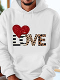 Men's Hoodie Love With Glittering Red Heart And Animal Print Letters