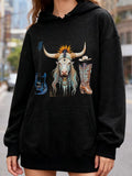 Women's Hoodie Cow Skull With Floral Motif Surrounded By Guitar And Cowboy Boots