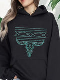 Women's Hoodie Rustic Tribal Lines Over Ornate Bull Skull Hoodie