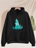Men's Hoodie Misty Blue Forest Under Moonlight Featuring Howling Wolf