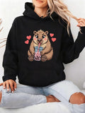 Women's Hoodie Cute Brown Animal Surrounded By Red Hearts Holding Bubble Tea Wombat
