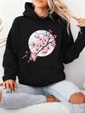 Women's Hoodie Blossoming Pink Cherry Flowers Under Full Moon Branch