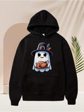 Men's Hoodie Cartoon Ghost With Pilgrim Hat Holding Roasted Turkey In Festive Mood