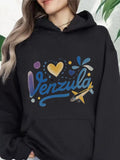 Women's Hoodie Colorful Heart And Doodle Accents With Playful Flying Airplane Venezuela