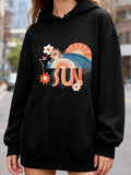 Women's Hoodie Sun Retro Style With Waves Flowers And Setting Sun