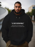 Men's Hoodie Dark background， White Text， French Phrase， Geometric Pattern