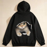 Men's Hoodie Fluffy Cat Peeking Through Torn Black Cloth Hoodie