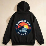Men's Hoodie Midnight Sun With Colorful Sunset Silhouette Moose Among Alaska Mountains