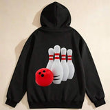 Men's Hoodie Red Bowling Ball Rolling Toward Classic White Pins Bowling Pins
