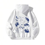 Men's Hoodie Playful Blue Cats Chasing Swirling Stars Under Moon White Cat