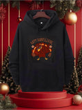 Men's Hoodie Happy Thanksgiving Colorful Autumn Leaves Around Festive Cartoon Turkey