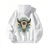 Men's Hoodie Geometric Tribal Motif Framing Bull Skull Against Ethnic Pattern Background