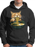 Men's Hoodie Curious Cat Enjoying Ramen Noodles Over Steaming Delicious Asian Soup Bowl Cat