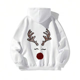 Men's Hoodie Sleepy Cartoon Face With Antlers And Red Nose Deer
