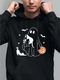 Men's Hoodie Playful Ghost With Pumpkins And Bats Surrounded By Starry Halloween Night Ghost