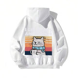 Men's Hoodie Retro Sunset Calm Cat With Scarf Enjoying Coffee Mug Cat
