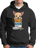 Men's Hoodie Cartoon Puppy Sitting Inside Medicine Bottle With Colorful Pills