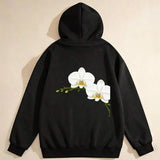 Men's Hoodie Elegant White Orchid Blossoms Against Deep Black Hooded Sweatshirt