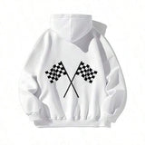 Men's Hoodie Crisp White With Twin Checkered Racing Flags Hoodie