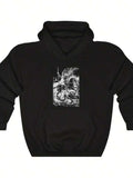 Men's Hoodie Monochrome Stormy Night Over Twisting Waves With Fierce Dragon