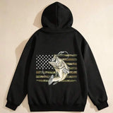 Men's Hoodie Fishing American Style With Waving Flag Under Leaping Bass Fish