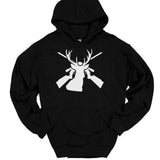 Men's Hoodie Antlered Deer With Stylized Rifles On Black Hoodie