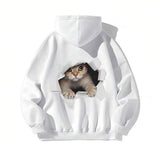 Men's Hoodie Adorable Fluffy Kitten Peeking Through Torn Paper Hole Sweatshirt