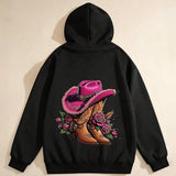 Men's Hoodie Western Rodeo With Pink Hat And Rose Bloom Cowboy Boots