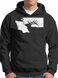 Men's Hoodie Elk Silhouette Among Weathered Map Outline Of Washington