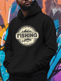 Men's Hoodie Authentic Vintage Stamp With Mountains And Fish Under Fishing Badge Logo