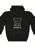 Men's Hoodie Easily Distracted By Cats And Books With Whimsical Cat Face And Open Book