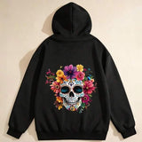 Men's Hoodie Colorful Floral Pattern With Blooming Petals Surrounding A Skull