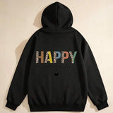 Men's Hoodie Colorful Patterned Letters Across Black Happy Hoodie