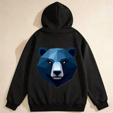 Men's Hoodie Geometric Pattern In Deep Blue Shades Featuring Fierce Animal Bear