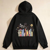 Men's Hoodie Colorful Floral Details Surrounding Stacked Books And Blossoming Flowers Bookshelf