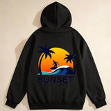 Men's Hoodie Sunset Golden Ocean Wave With Palm Trees And Surfing Silhouette