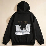 Men's Hoodie Paris City Landmarks Drawing With Classic Urban Building Scene