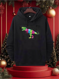 Men's Hoodie Vibrant Multicolored Stripes Glowing In Neon Against Black Dinosaur