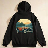 Men's Hoodie Vintage Convertible Car Driving Under Sunset Mountain View
