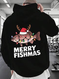 Men's Hoodie Merry Fishmas Reindeer Antlered Fish With Santa Hat And Holiday Lights