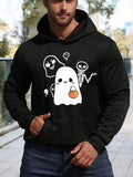 Men's Hoodie Cute Ghost Carrying Pumpkin With Skeleton Under Pale Autumn Sky