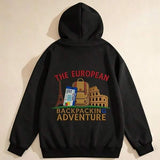 Men's Hoodie The European Backpackin Adventure Iconic Landmarks With Passport And Suitcase Backpack