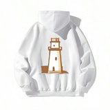 Men's Hoodie Minimalist Earthy Landscape With Simple Brown White Lighthouse