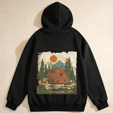Men's Hoodie Sunset Mountains Among Tall Trees And Quiet Wooden Cabin