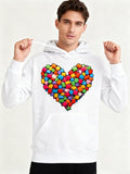 Men's Hoodie Bright Multicolored Candy Patterned Heart Motif On Clean White Fabric Heart